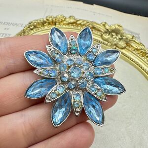 Vintage Blue Rhinestone Flower brooch Silver Tone Floral Pin